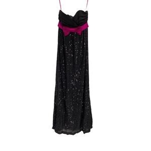 Betsey Johnson Dress Black Sequin Pink Satin Bow Maxi Strapless 2